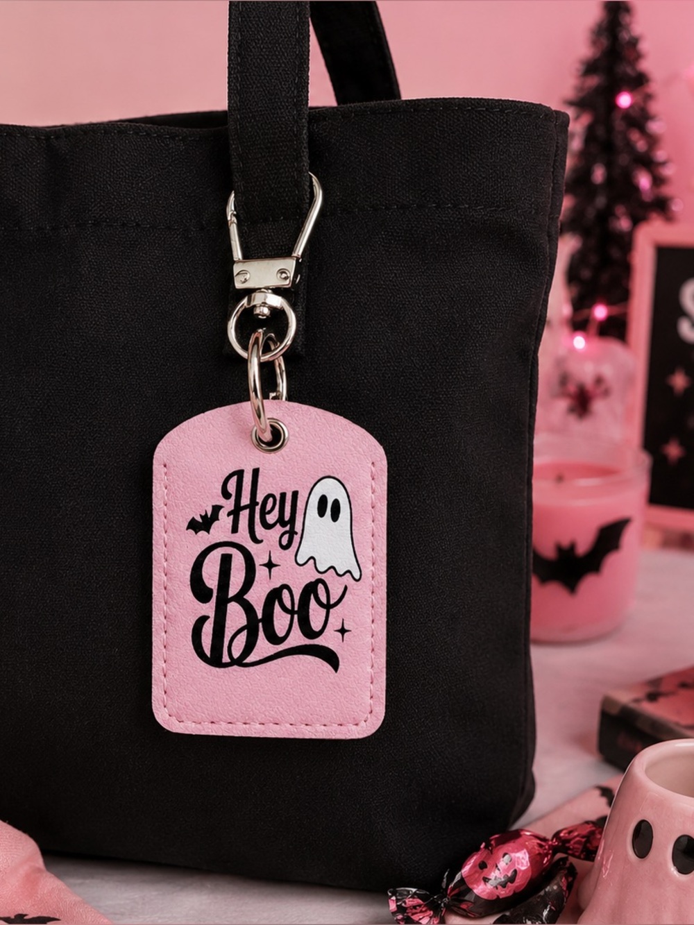 Hey Boo Ghost Halloween Bag Charm Keychain – Pink